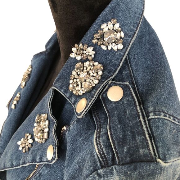 Bebe Rhinestone Embellished Stretchy Retro Y2K Denim‎ Moto Jacket Size S - Picture 8 of 14